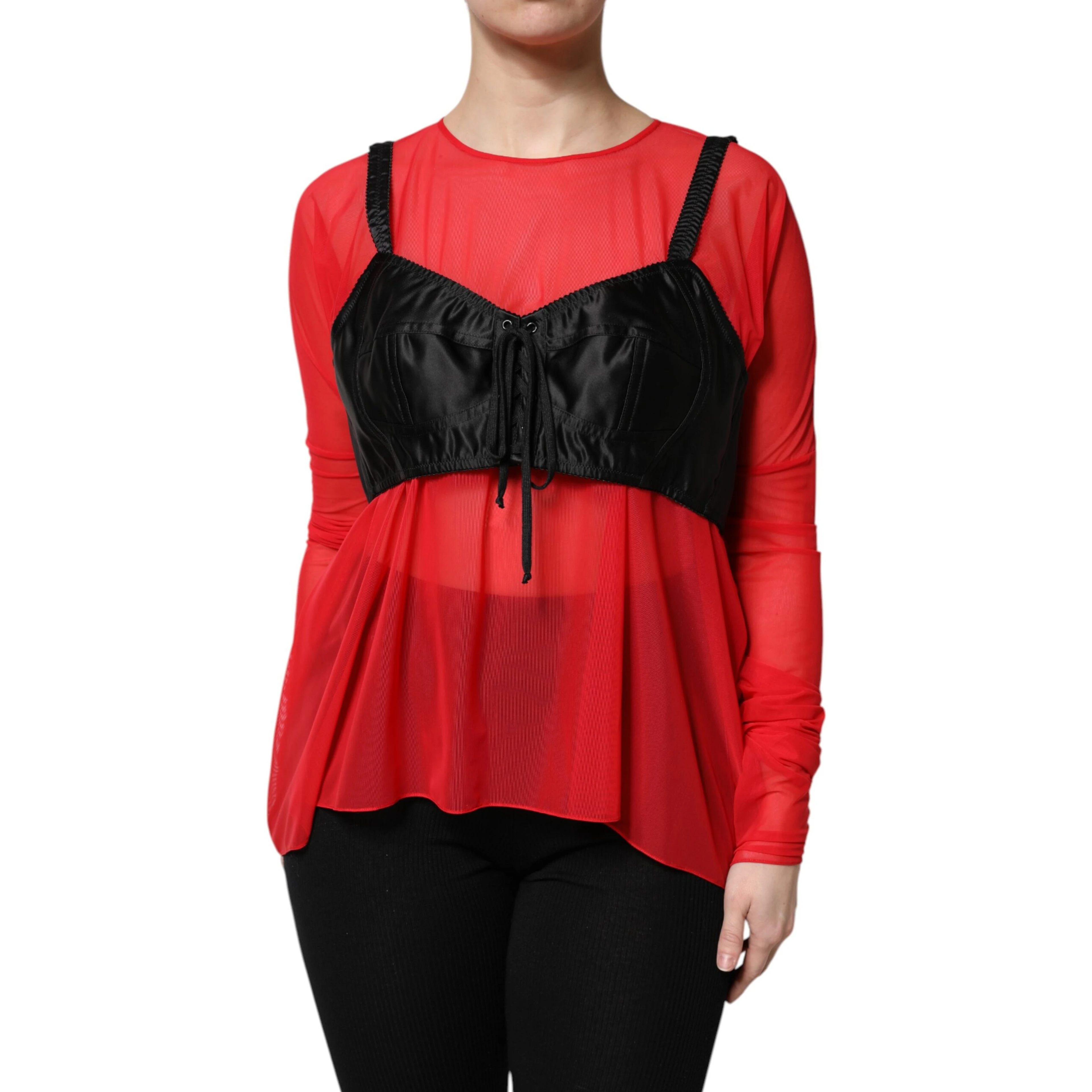 Red Black Bustier Detailing Long Sleeves Top