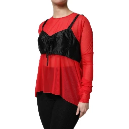 Red Black Bustier Detailing Long Sleeves Top