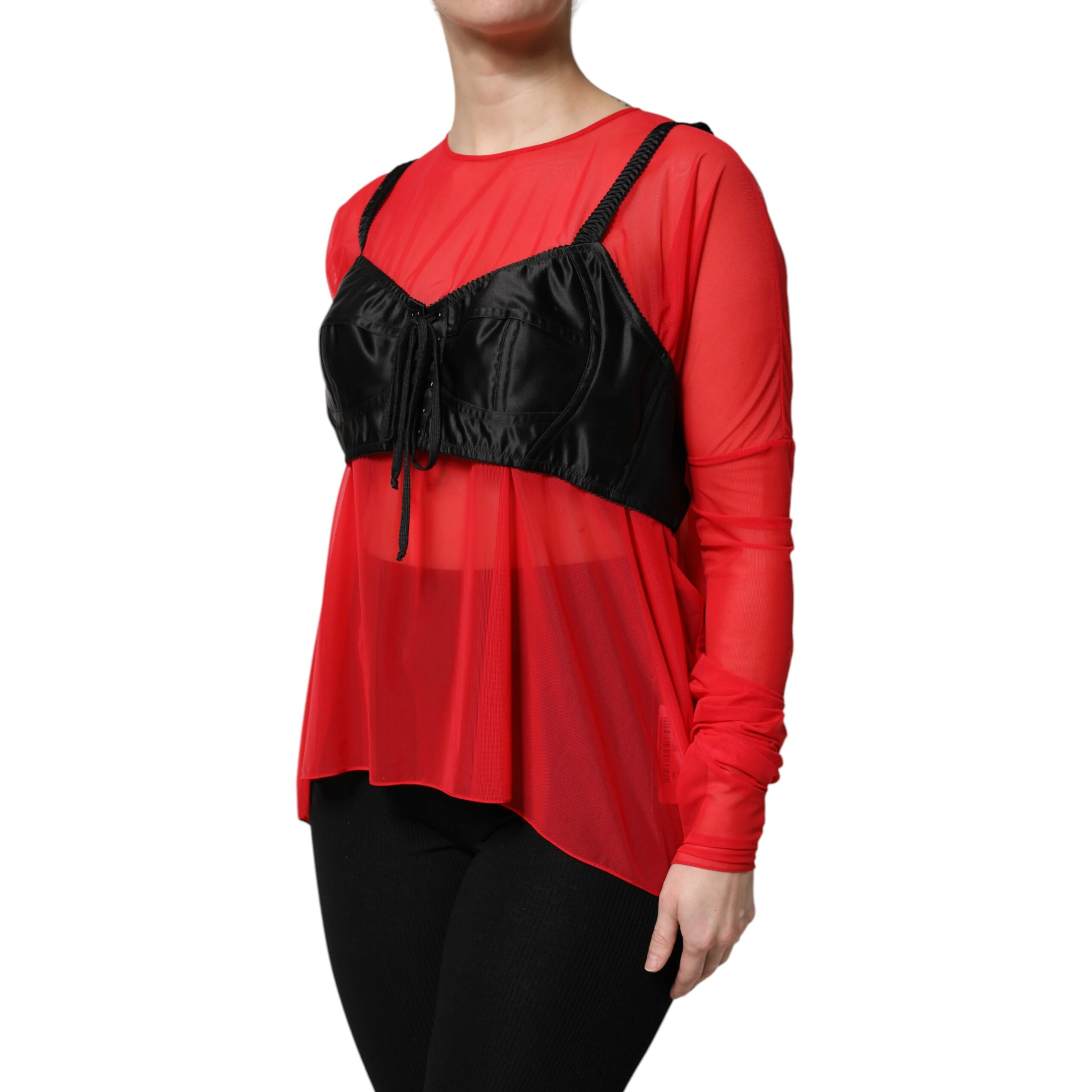 Red Black Bustier Detailing Long Sleeves Top