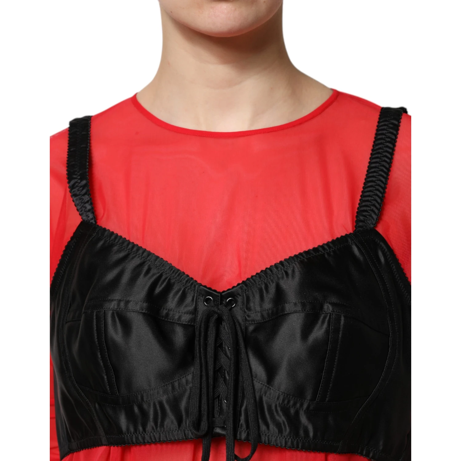 Red Black Bustier Detailing Long Sleeves Top