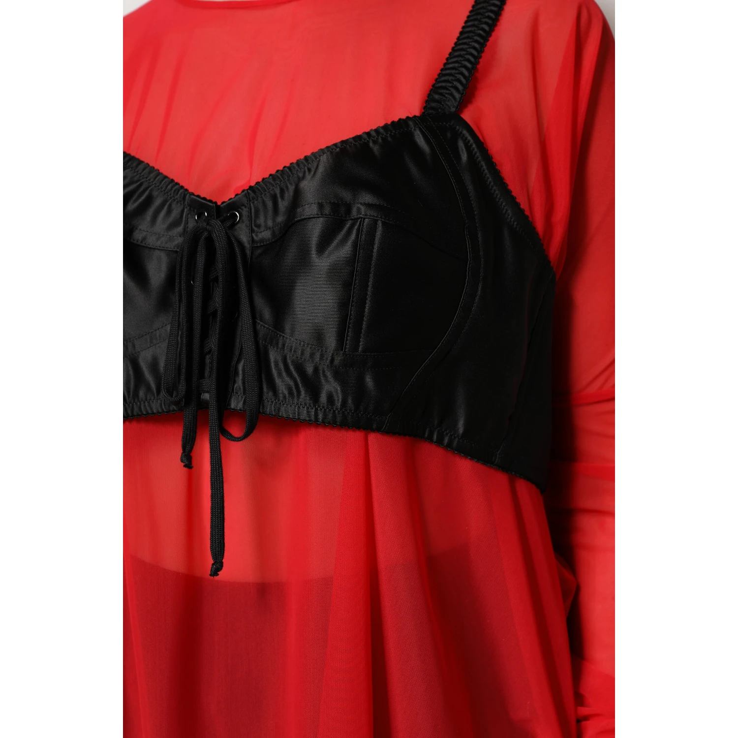 Red Black Bustier Detailing Long Sleeves Top