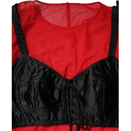 Red Black Bustier Detailing Long Sleeves Top