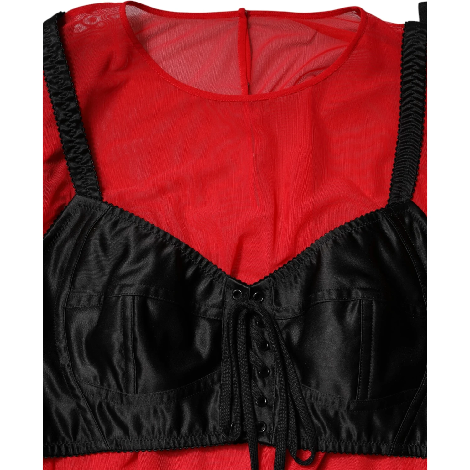 Red Black Bustier Detailing Long Sleeves Top