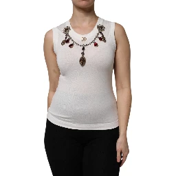 White Cotton Logo Crystal Detailing Tank Top
