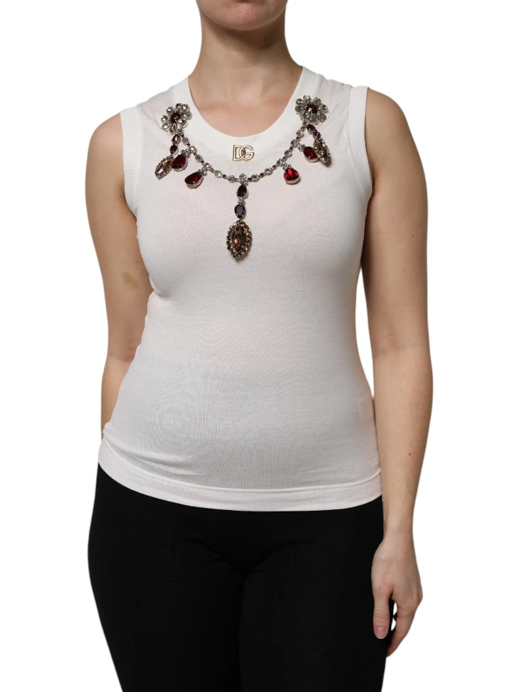 White Cotton Logo Crystal Detailing Tank Top