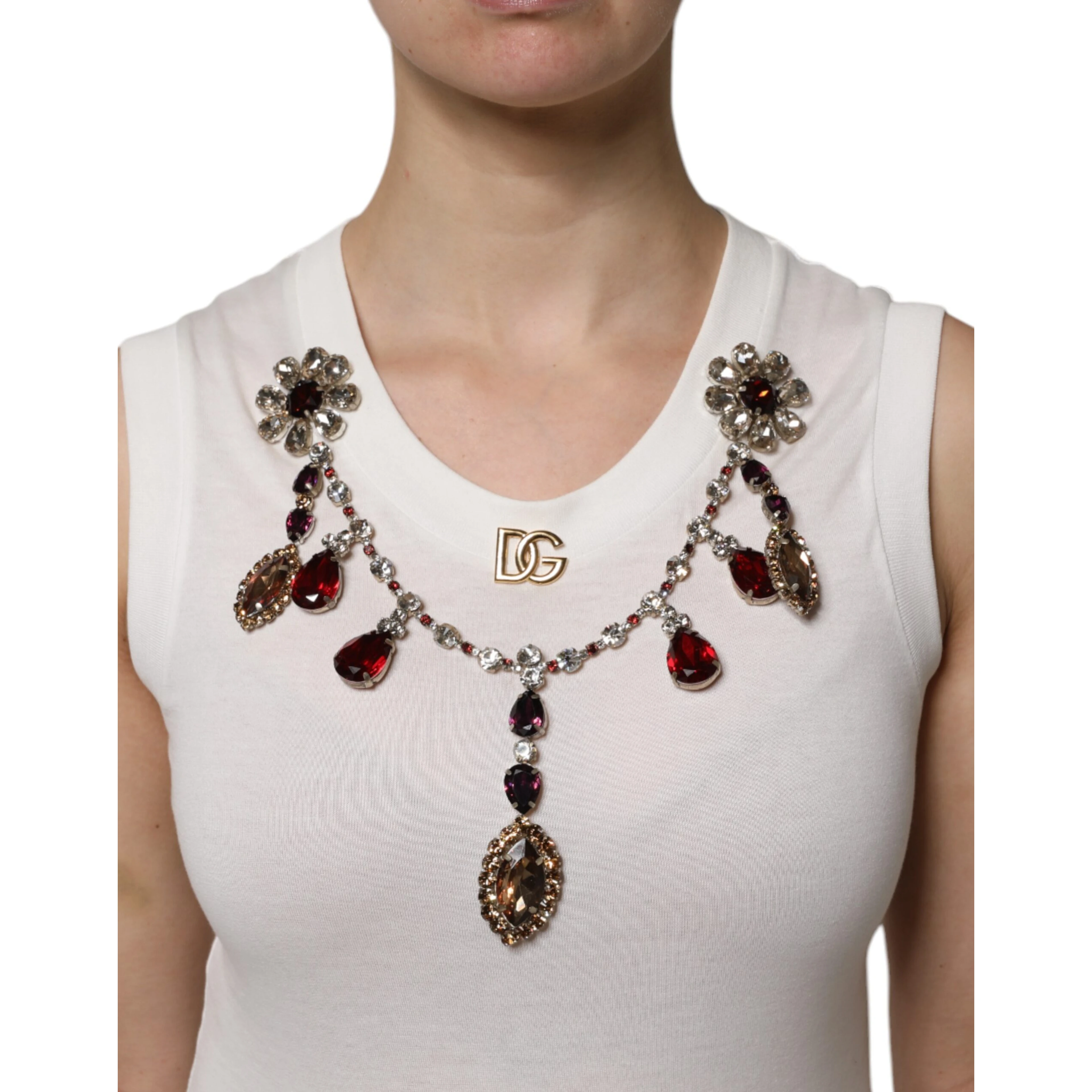 White Cotton Logo Crystal Detailing Tank Top