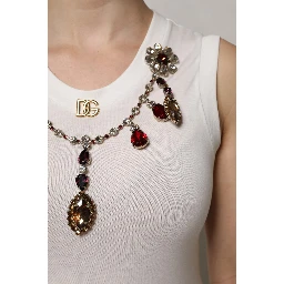 White Cotton Logo Crystal Detailing Tank Top