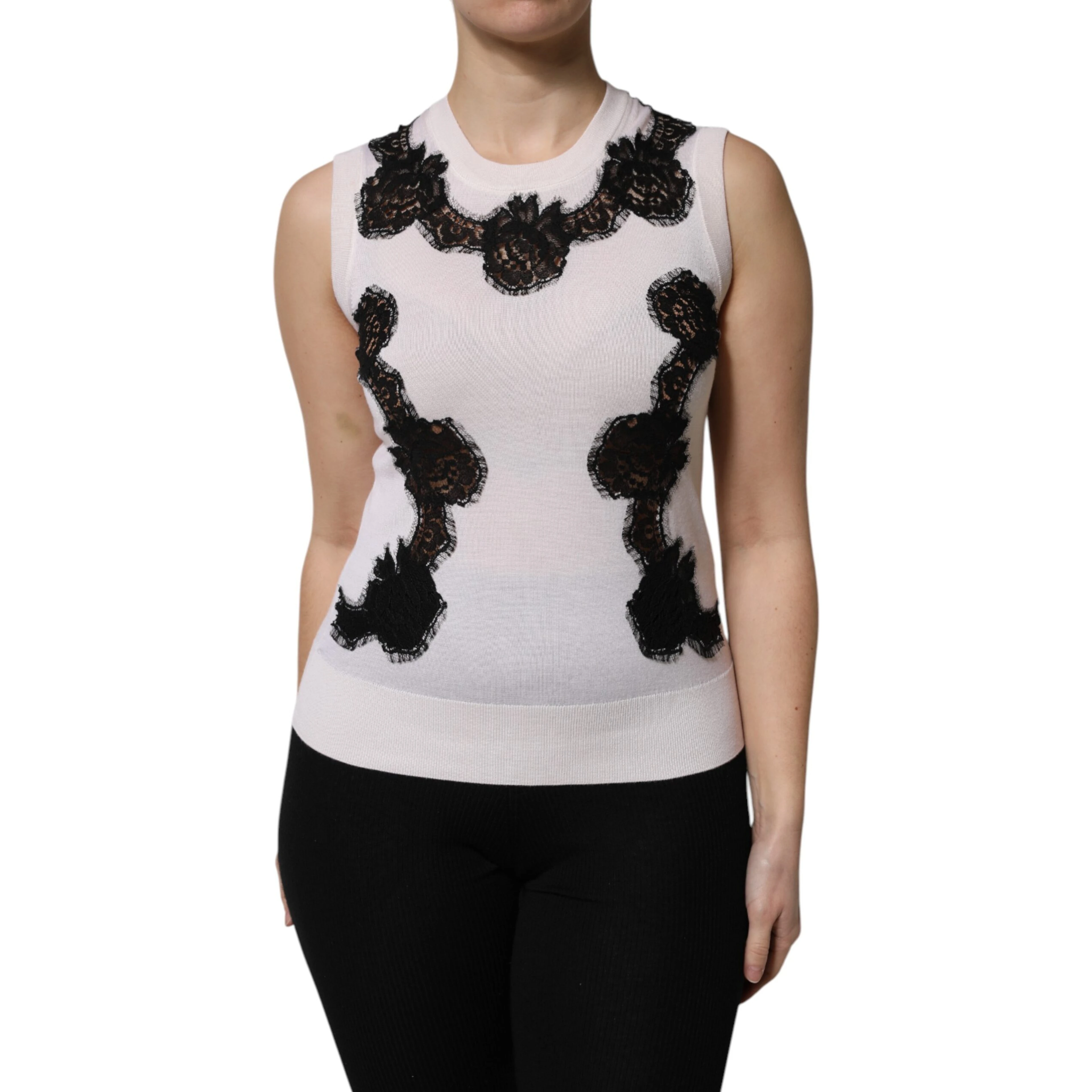White Cashmere Floral Lace Detailing Tank Top