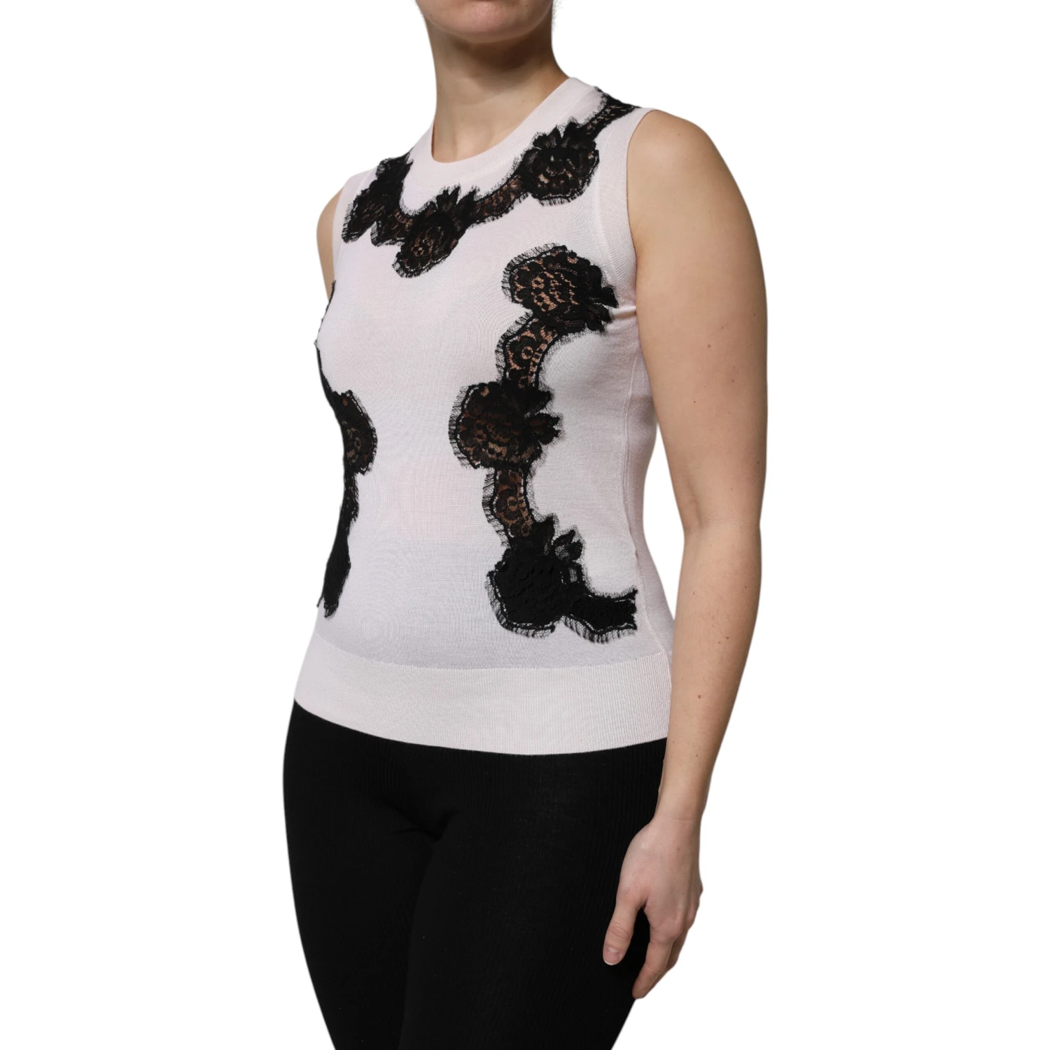 White Cashmere Floral Lace Detailing Tank Top