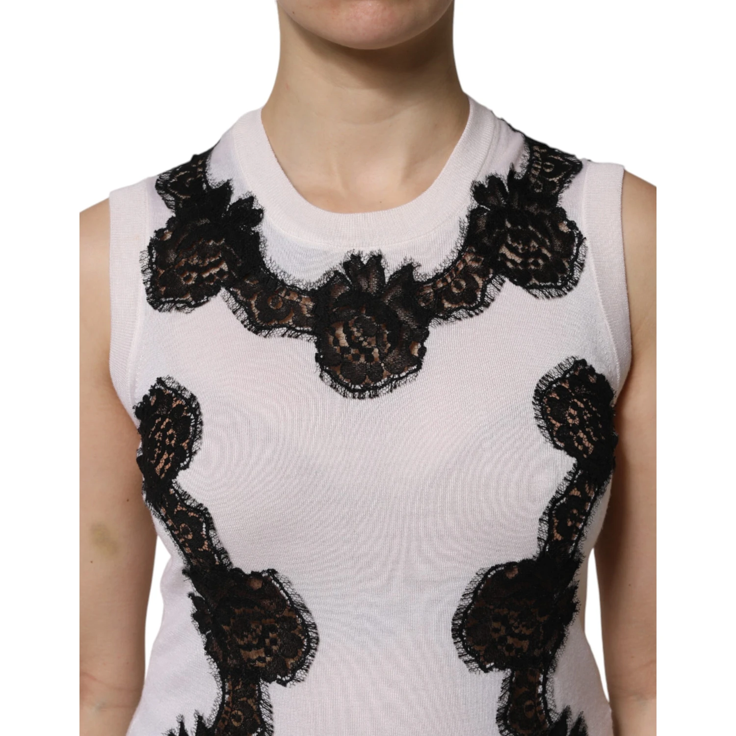 White Cashmere Floral Lace Detailing Tank Top