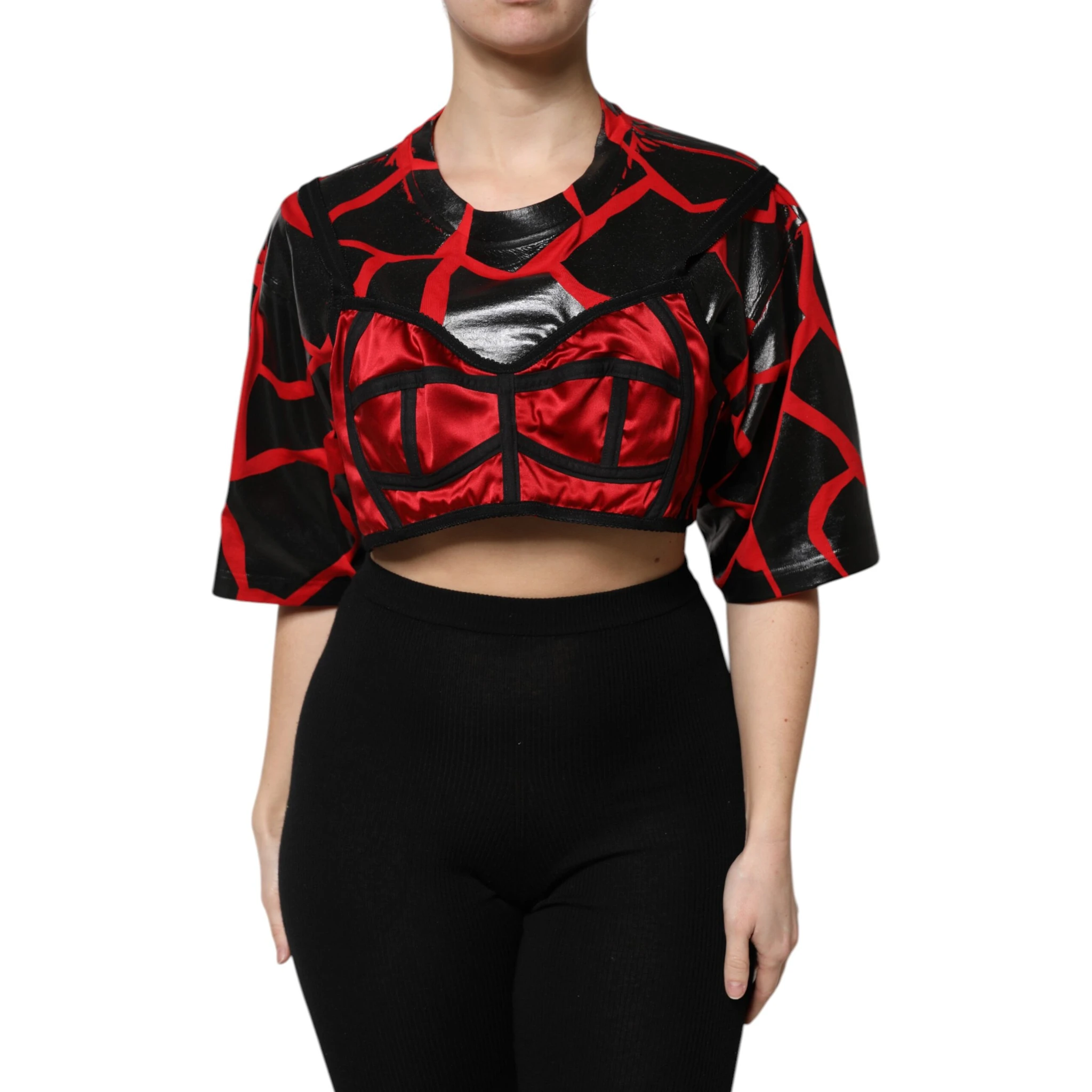 Red Black Cotton Bustier Detailing Cropped Top