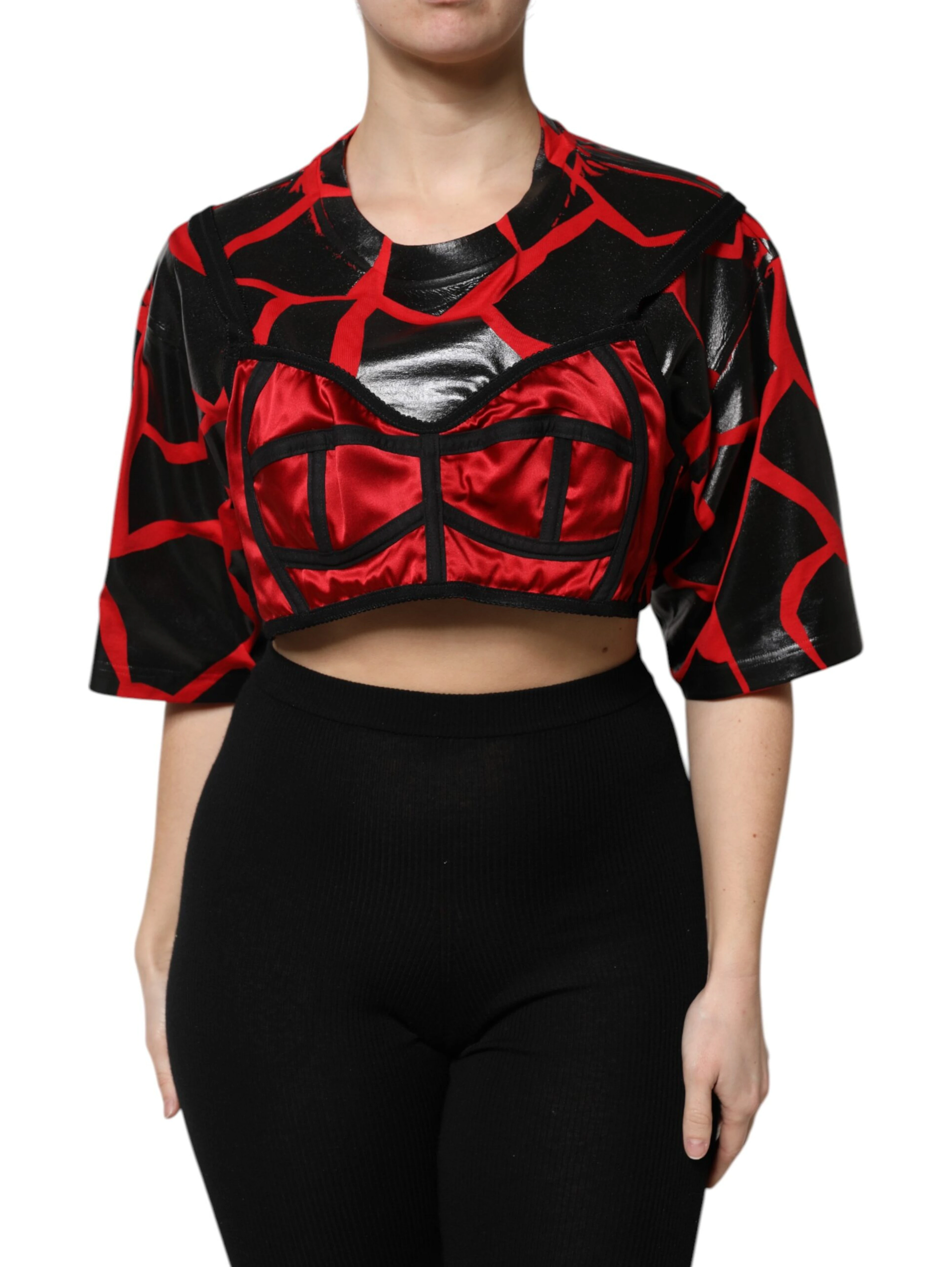 Red Black Cotton Bustier Detailing Cropped Top