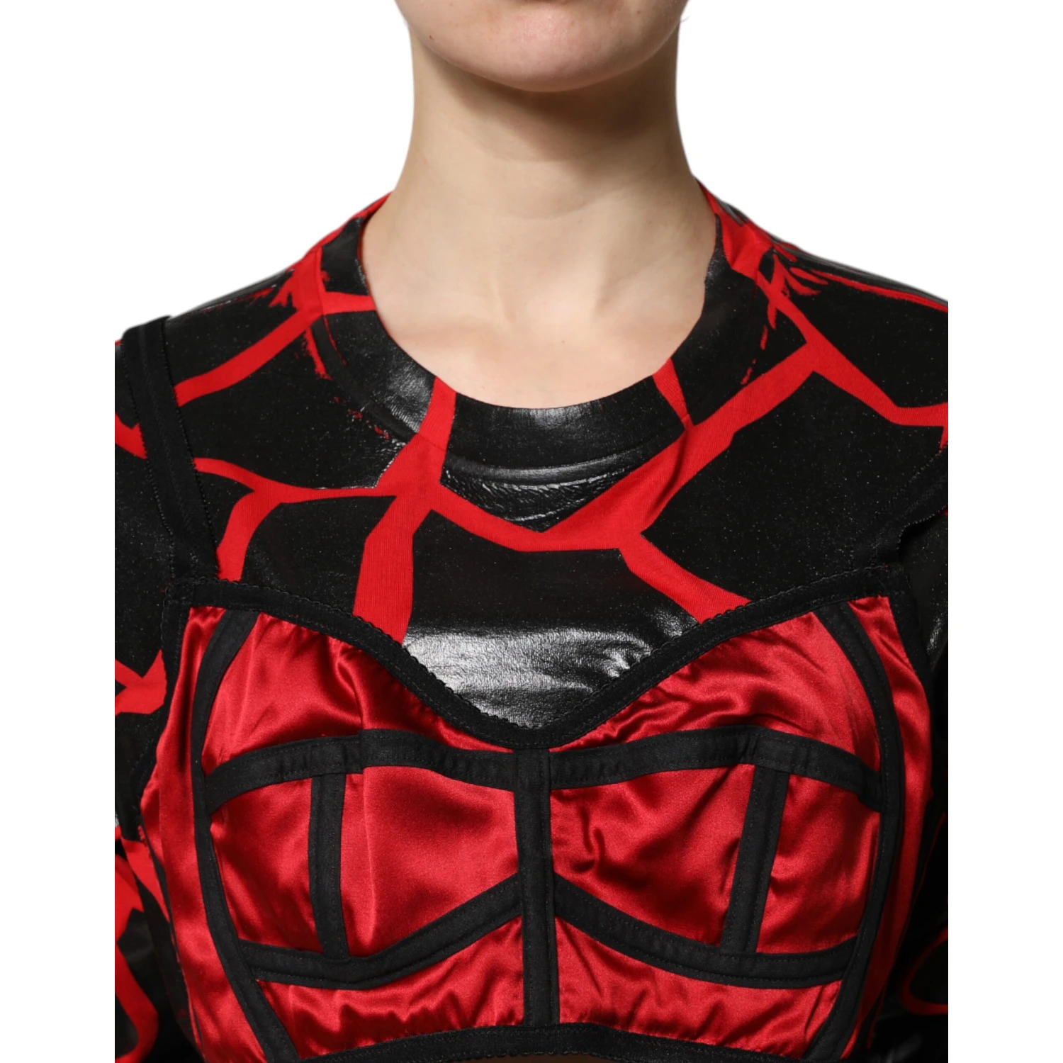 Red Black Cotton Bustier Detailing Cropped Top