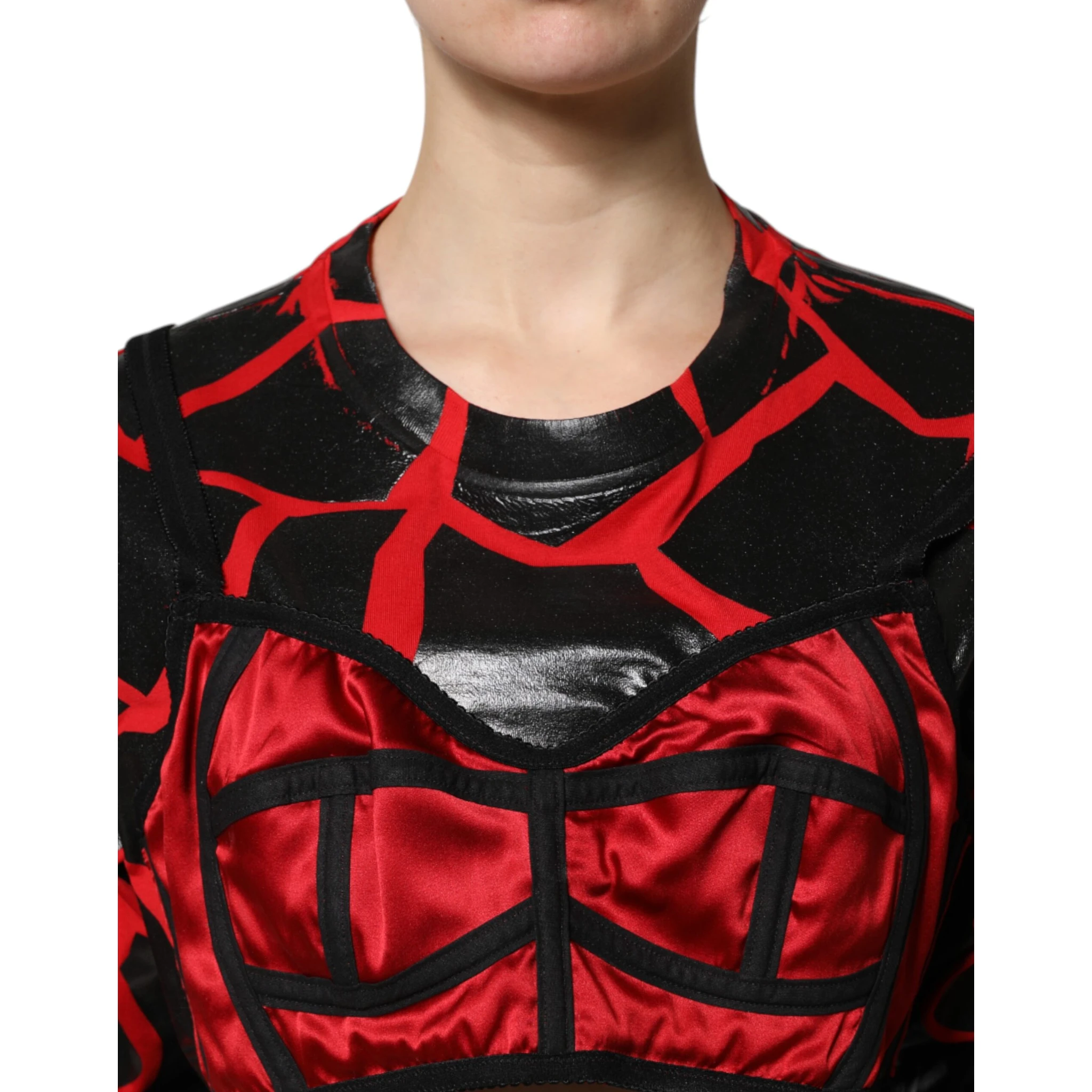 Red Black Cotton Bustier Detailing Cropped Top