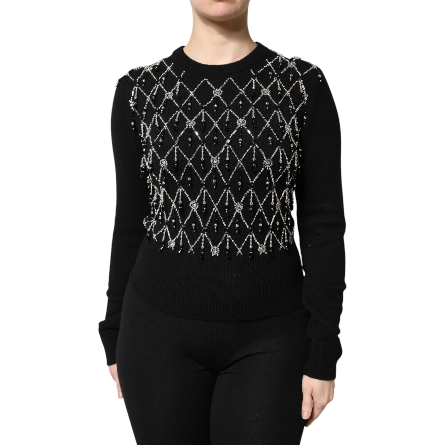 Black Cashmere Embellished Long Sleeves Top