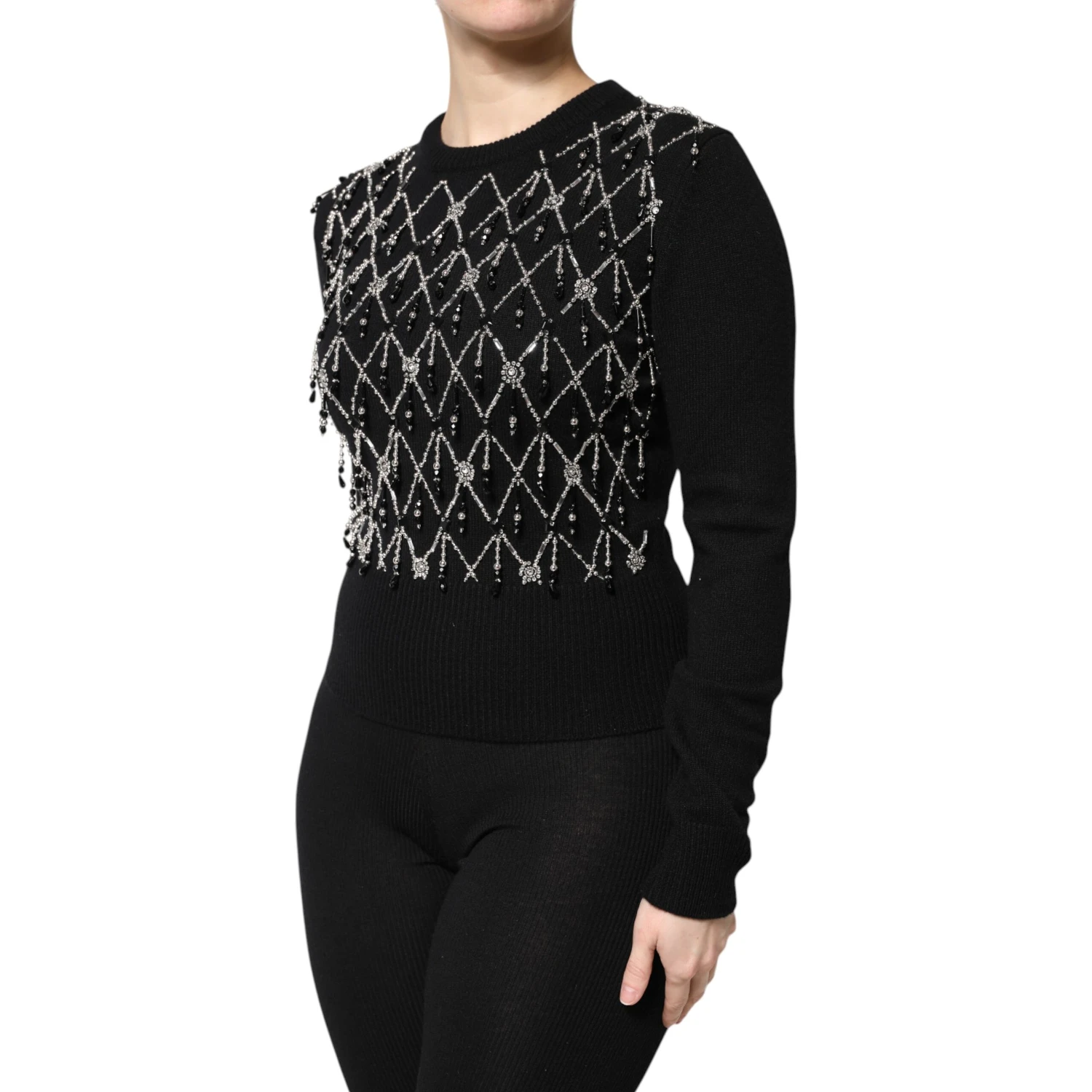Black Cashmere Embellished Long Sleeves Top