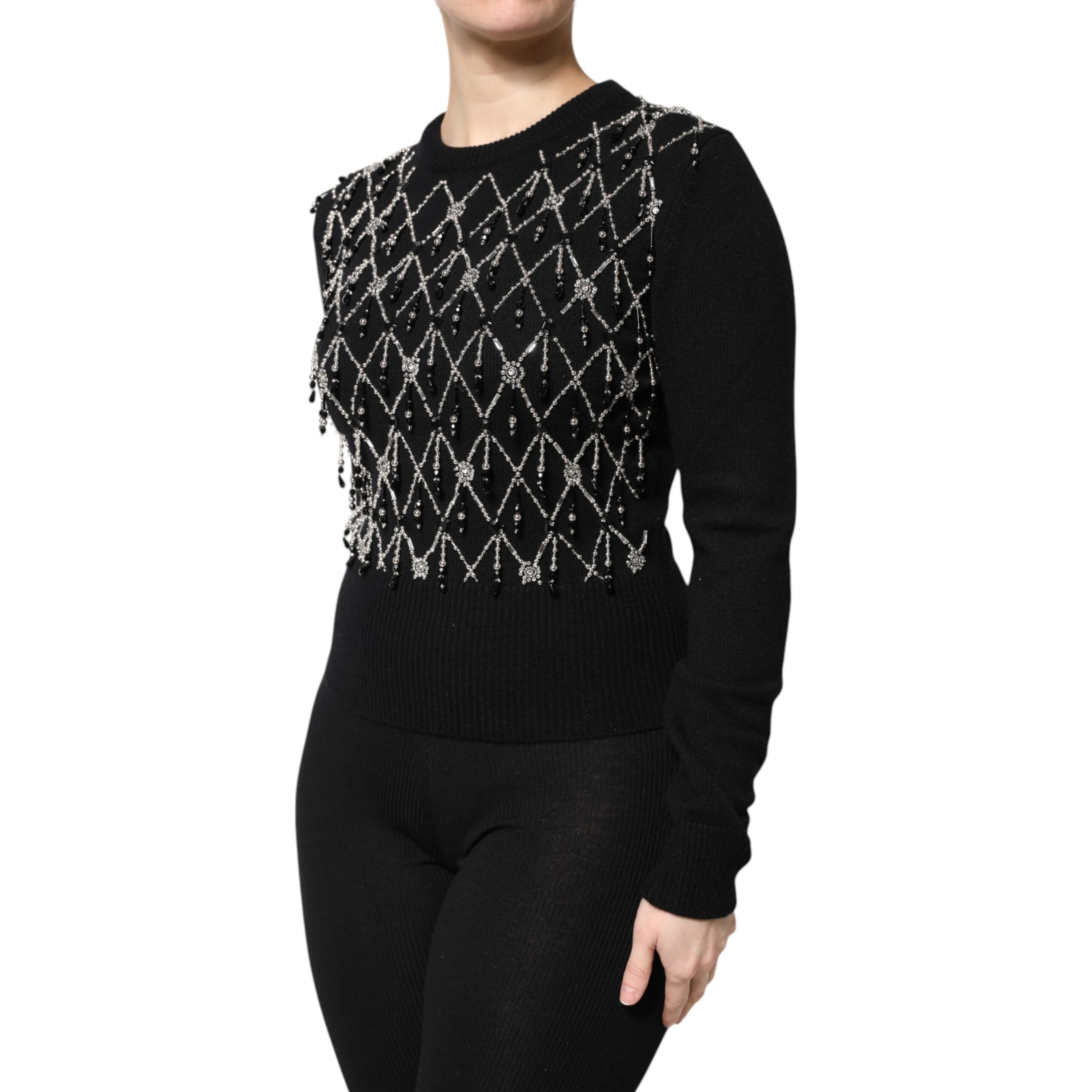 Black Cashmere Embellished Long Sleeves Top