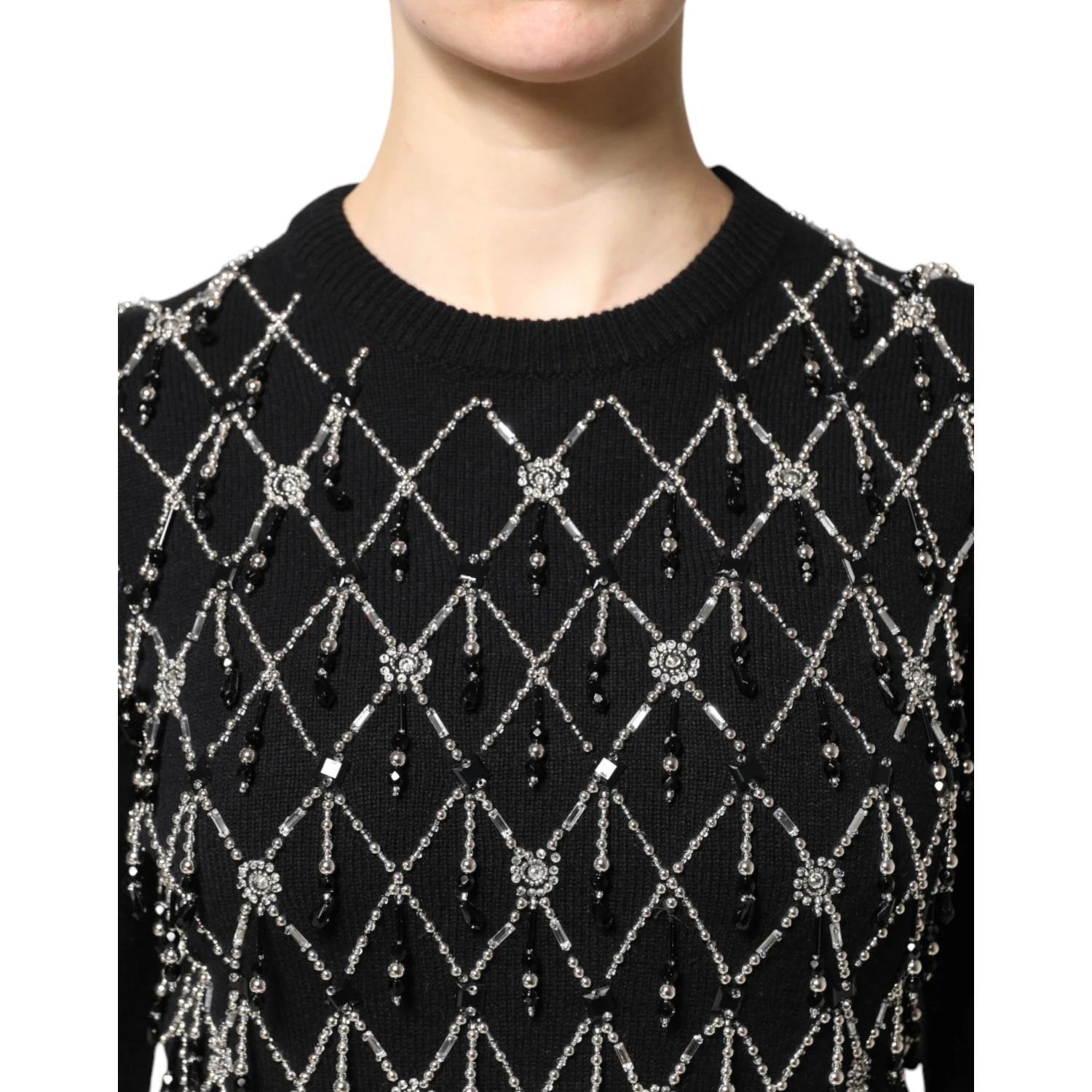 Black Cashmere Embellished Long Sleeves Top