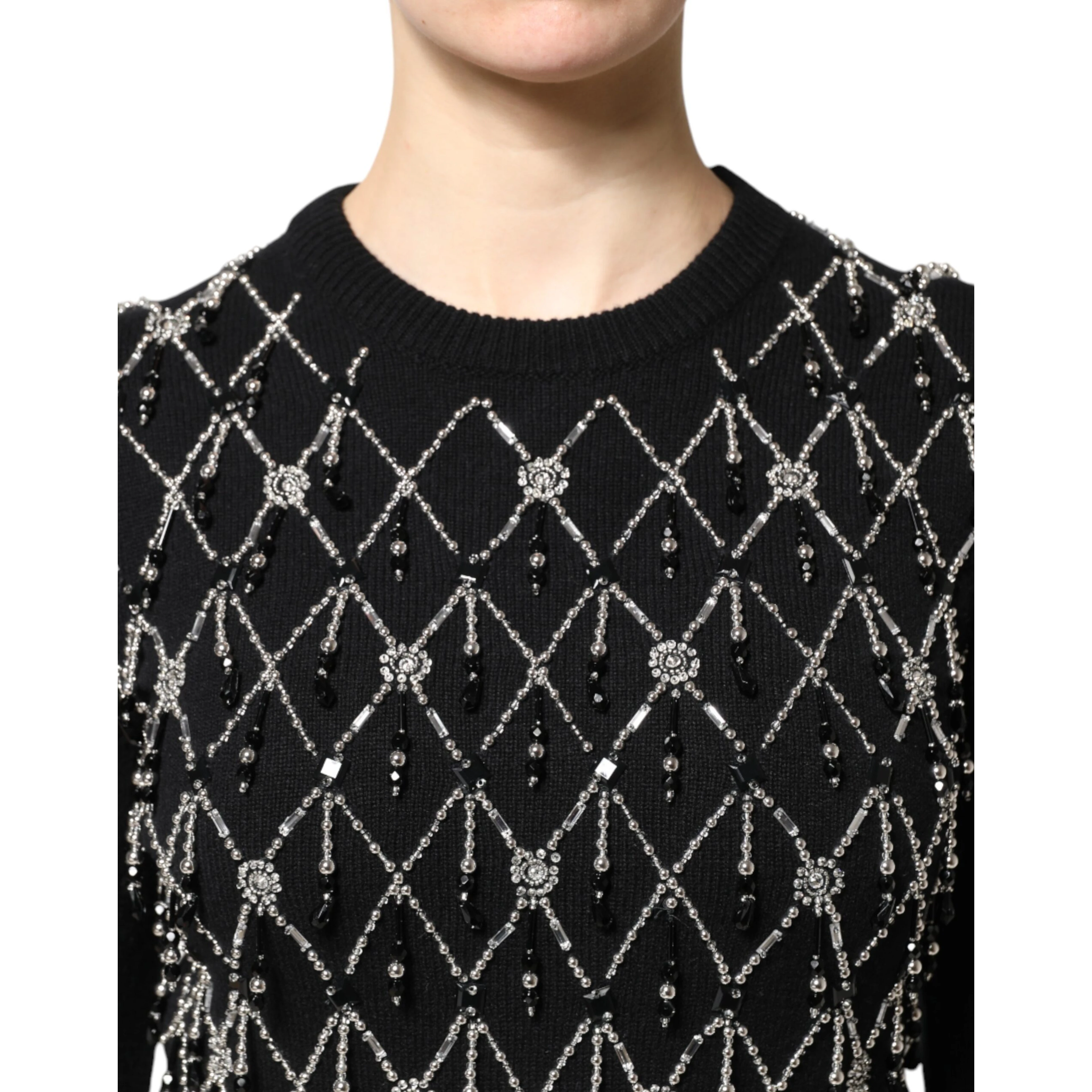 Black Cashmere Embellished Long Sleeves Top