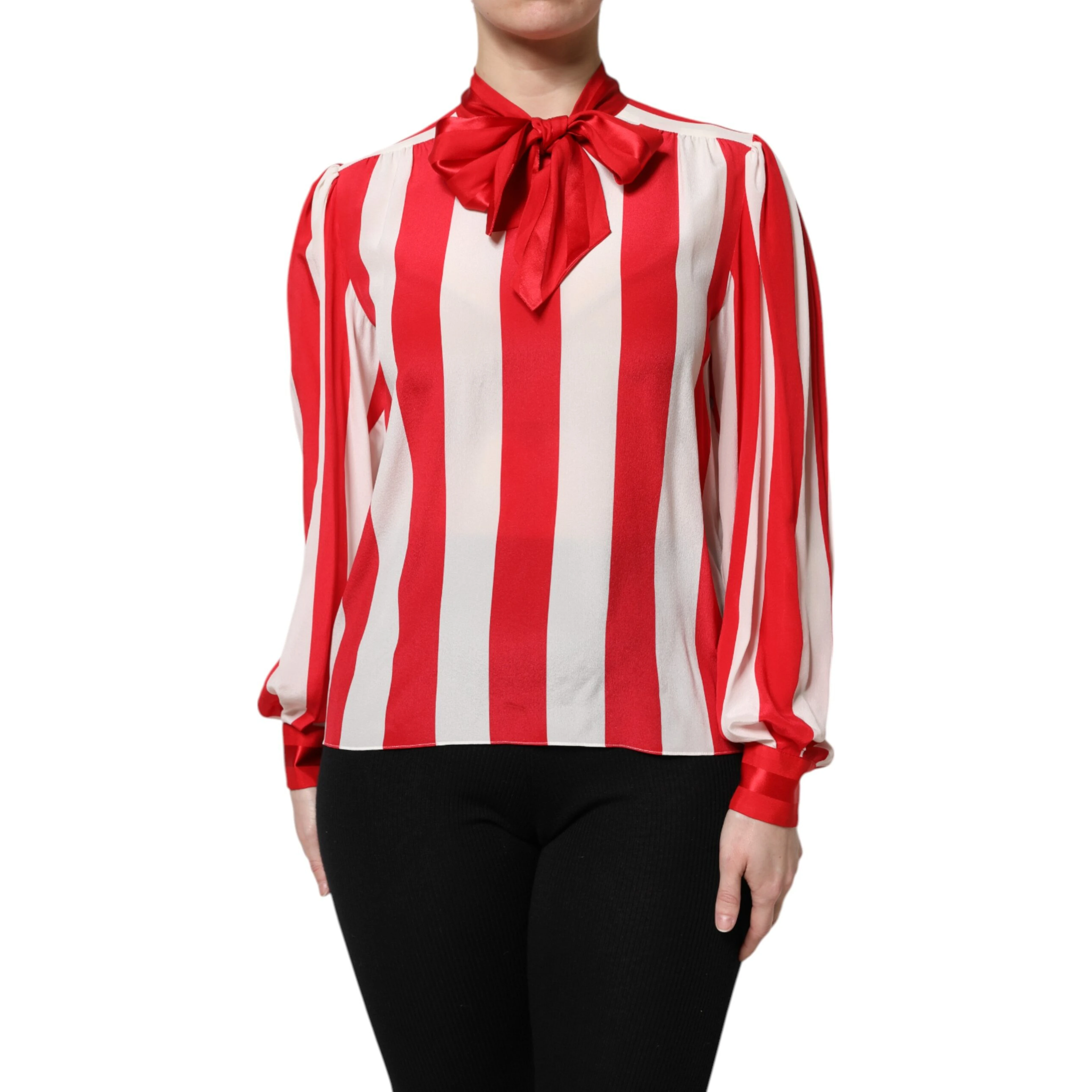 Red White Stripes Ascot Collar Blouse Top