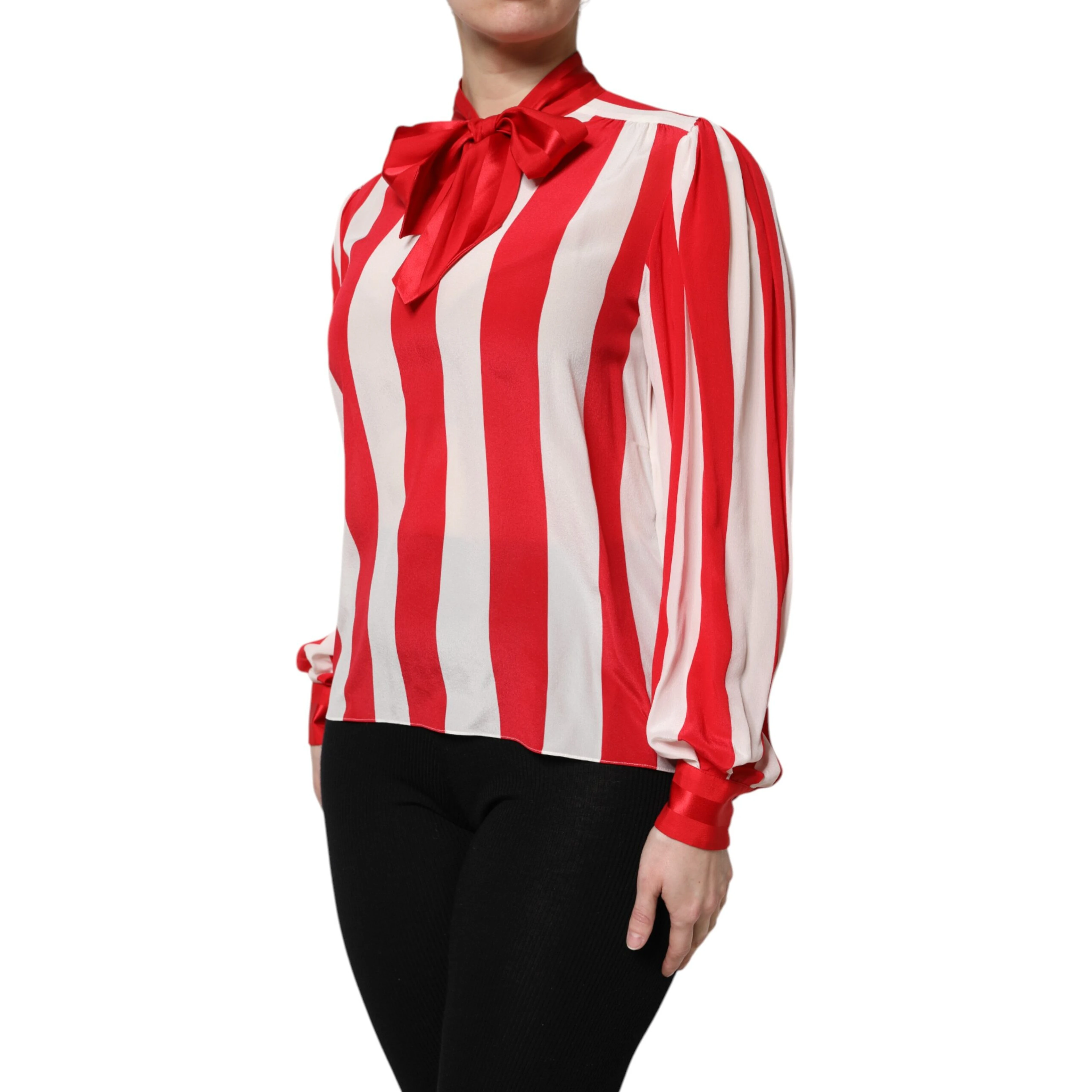 Red White Stripes Ascot Collar Blouse Top