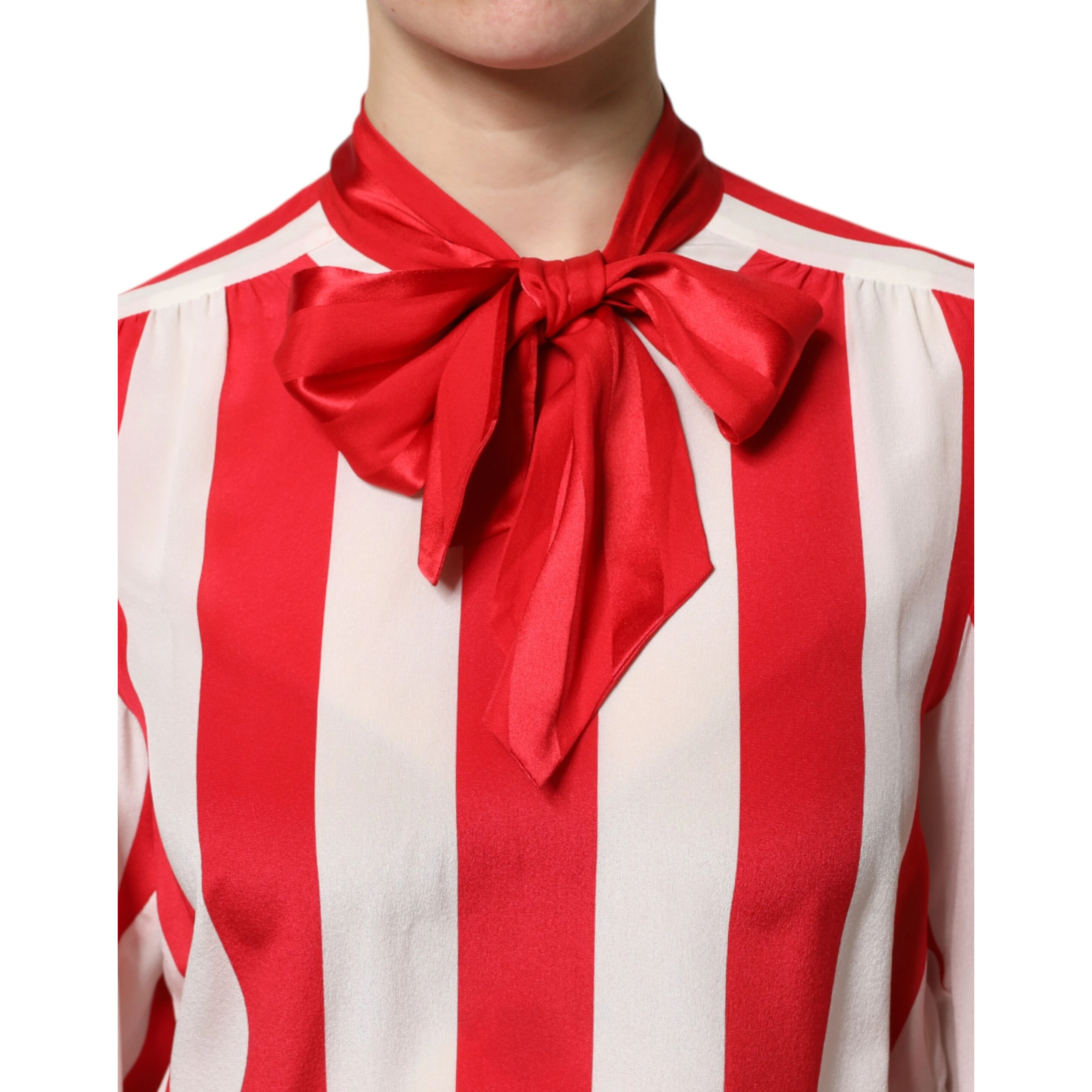 Red White Stripes Ascot Collar Blouse Top