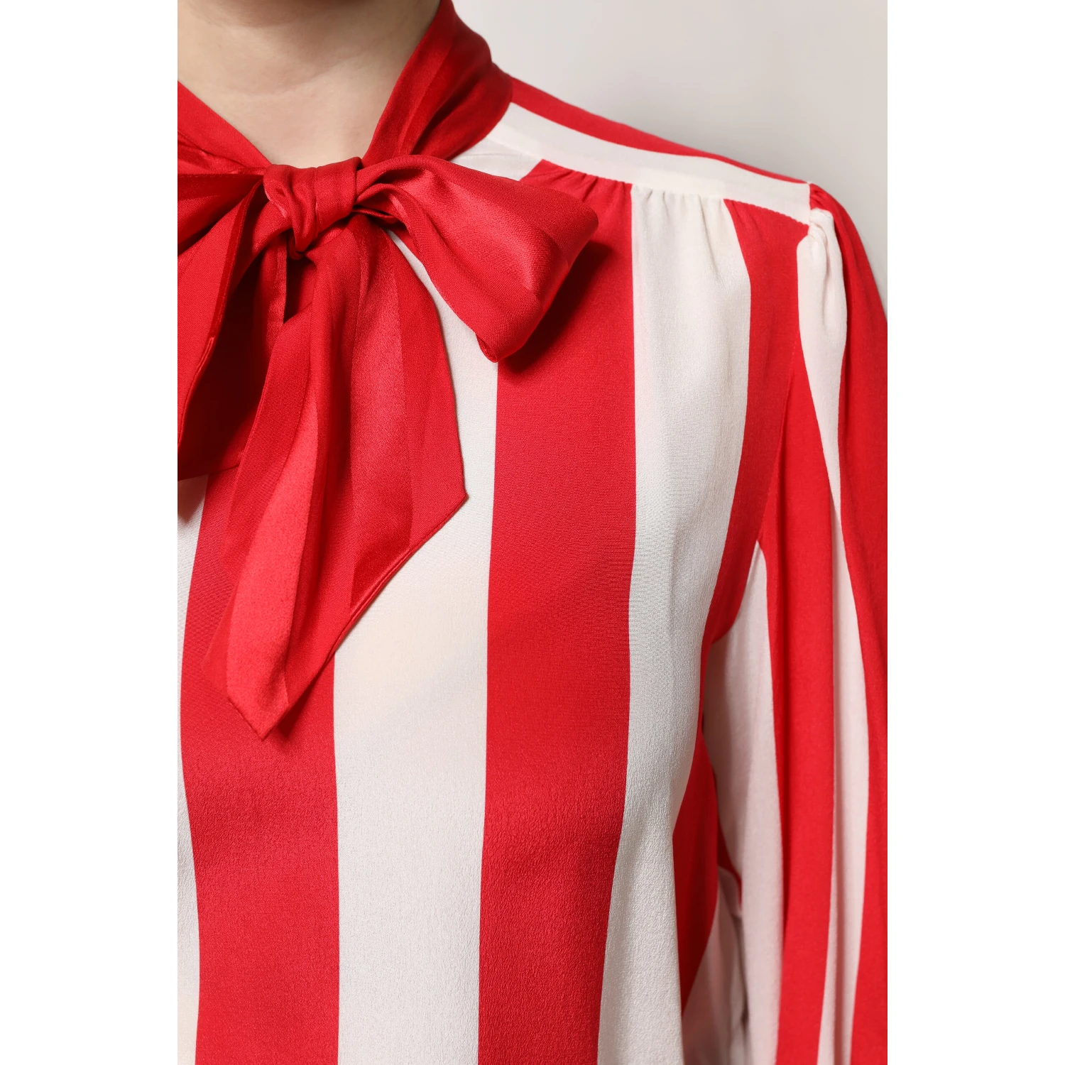 Red White Stripes Ascot Collar Blouse Top