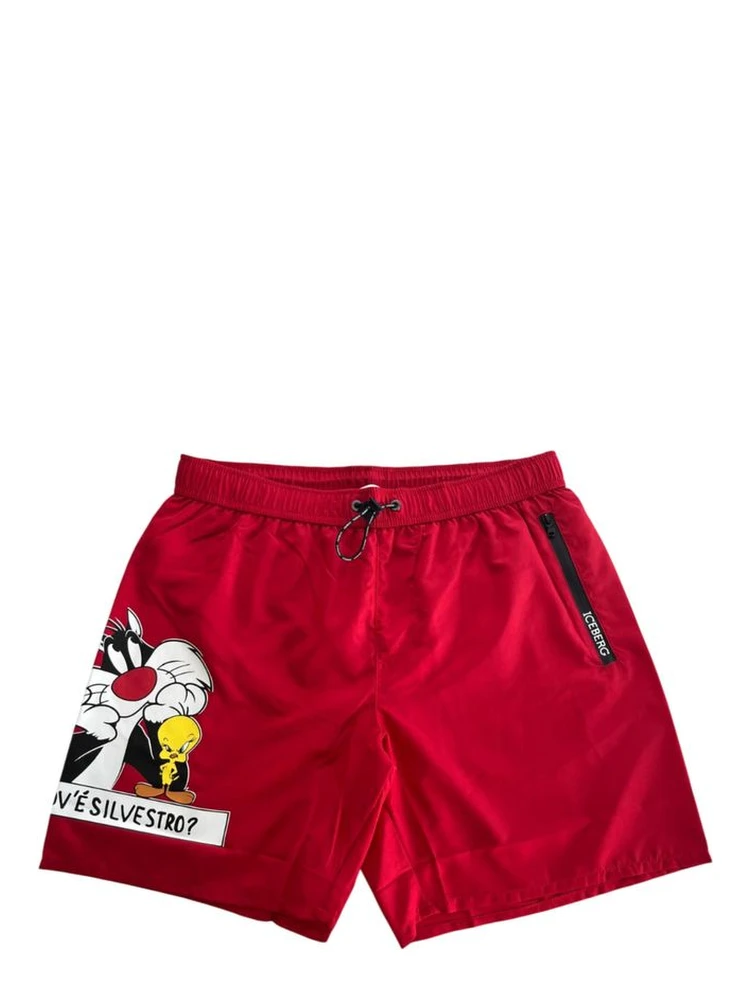Red Polyester Men Swim Short