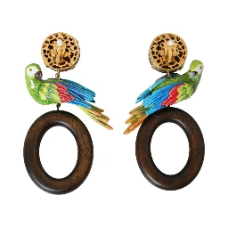 Multicolor Parrot Wood Brass Crystal Embellished Earrings