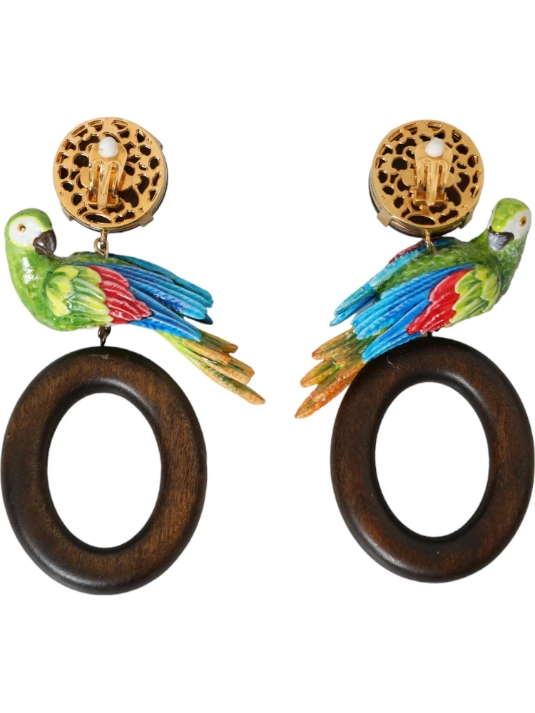 Multicolor Parrot Wood Brass Crystal Embellished Earrings