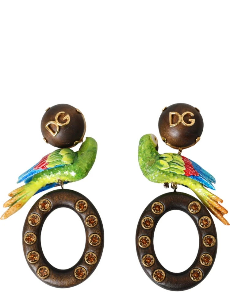 Multicolor Parrot Wood Brass Crystal Embellished Earrings alternative