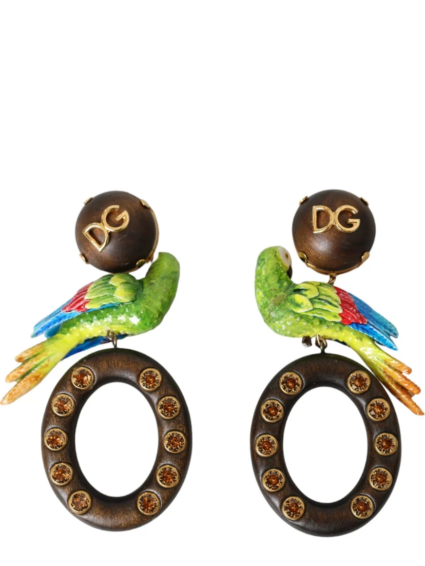 Multicolor Parrot Wood Brass Crystal Embellished Earrings