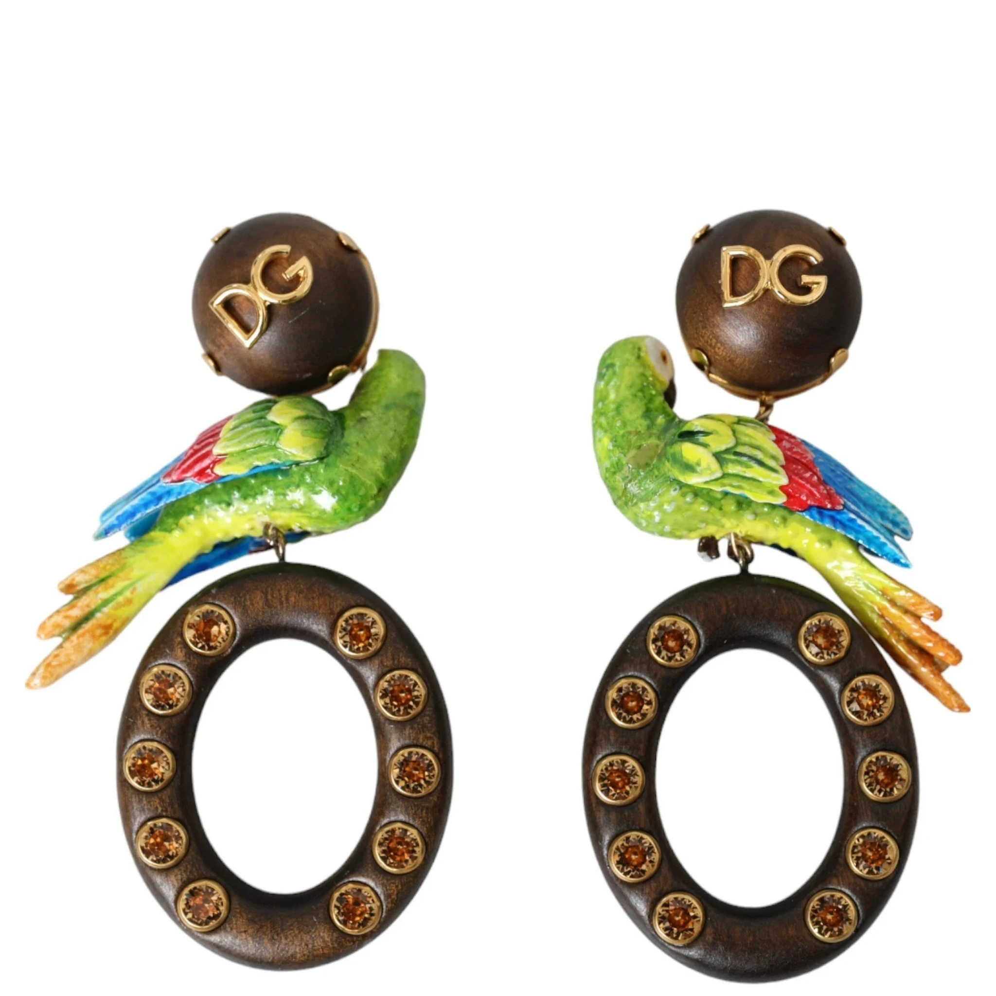 Multicolor Parrot Wood Brass Crystal Embellished Earrings