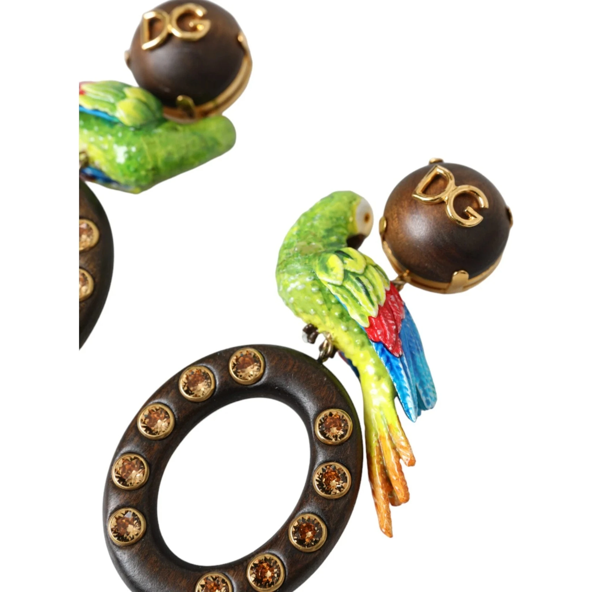 Multicolor Parrot Wood Brass Crystal Embellished Earrings
