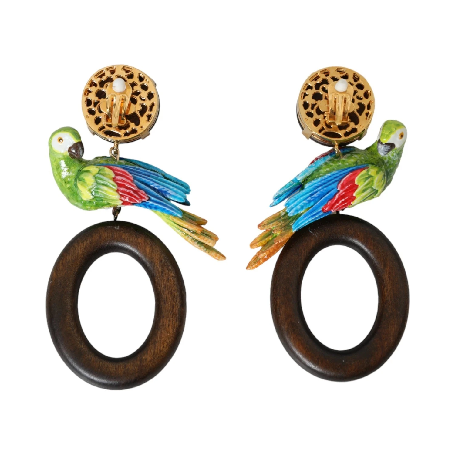Multicolor Parrot Wood Brass Crystal Embellished Earrings