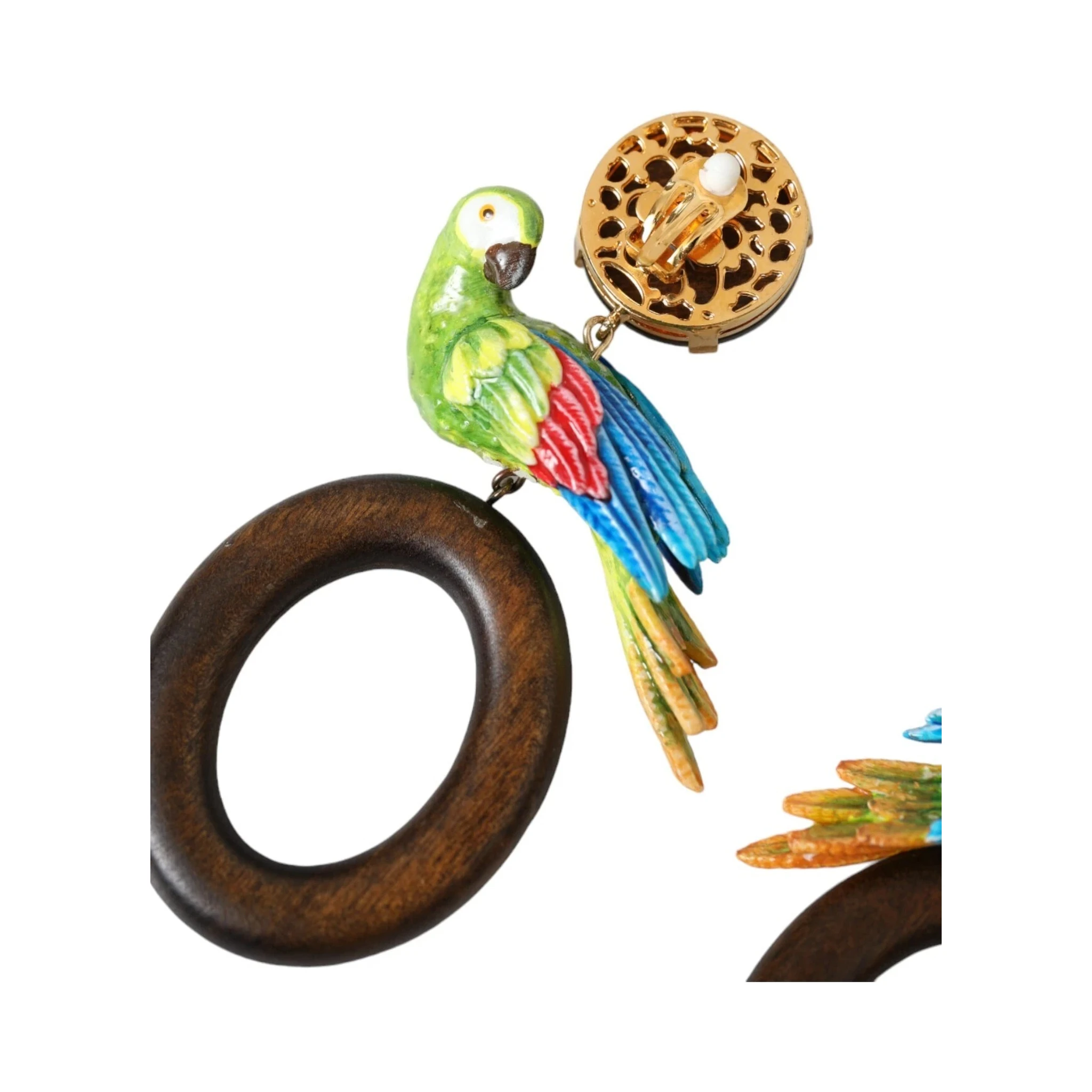 Multicolor Parrot Wood Brass Crystal Embellished Earrings