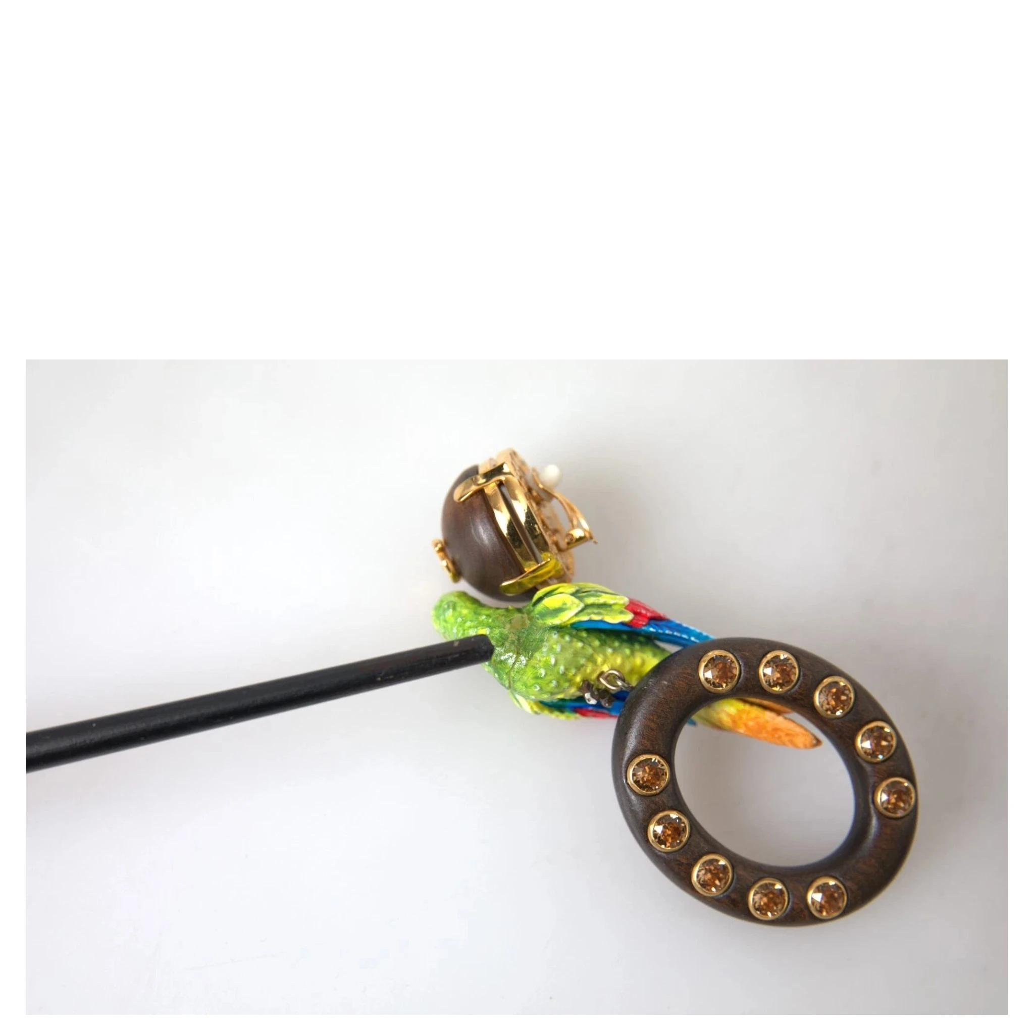 Multicolor Parrot Wood Brass Crystal Embellished Earrings