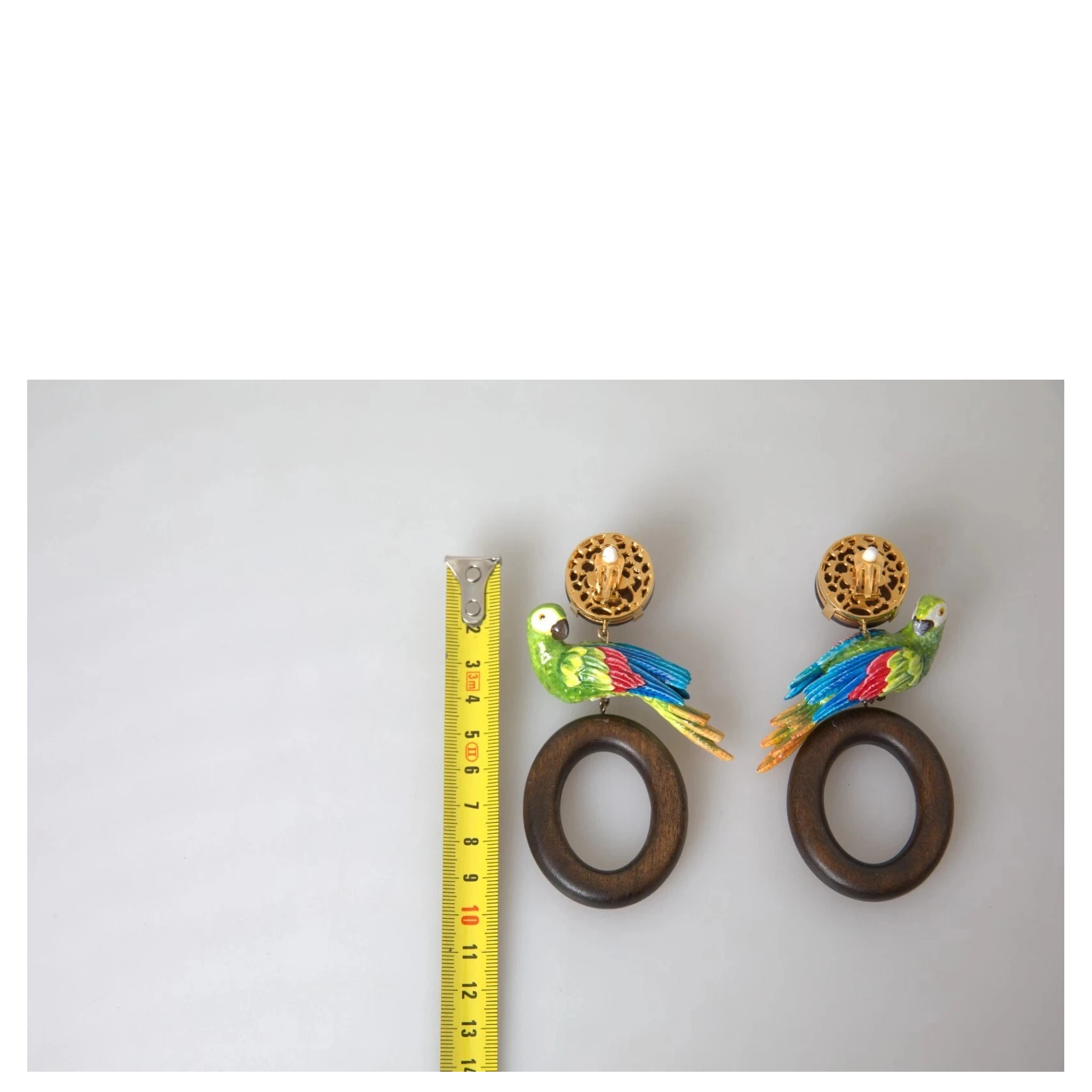 Multicolor Parrot Wood Brass Crystal Embellished Earrings