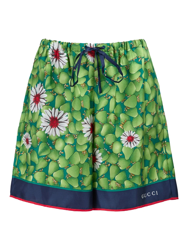 Green Flower Printed Silk Shorts