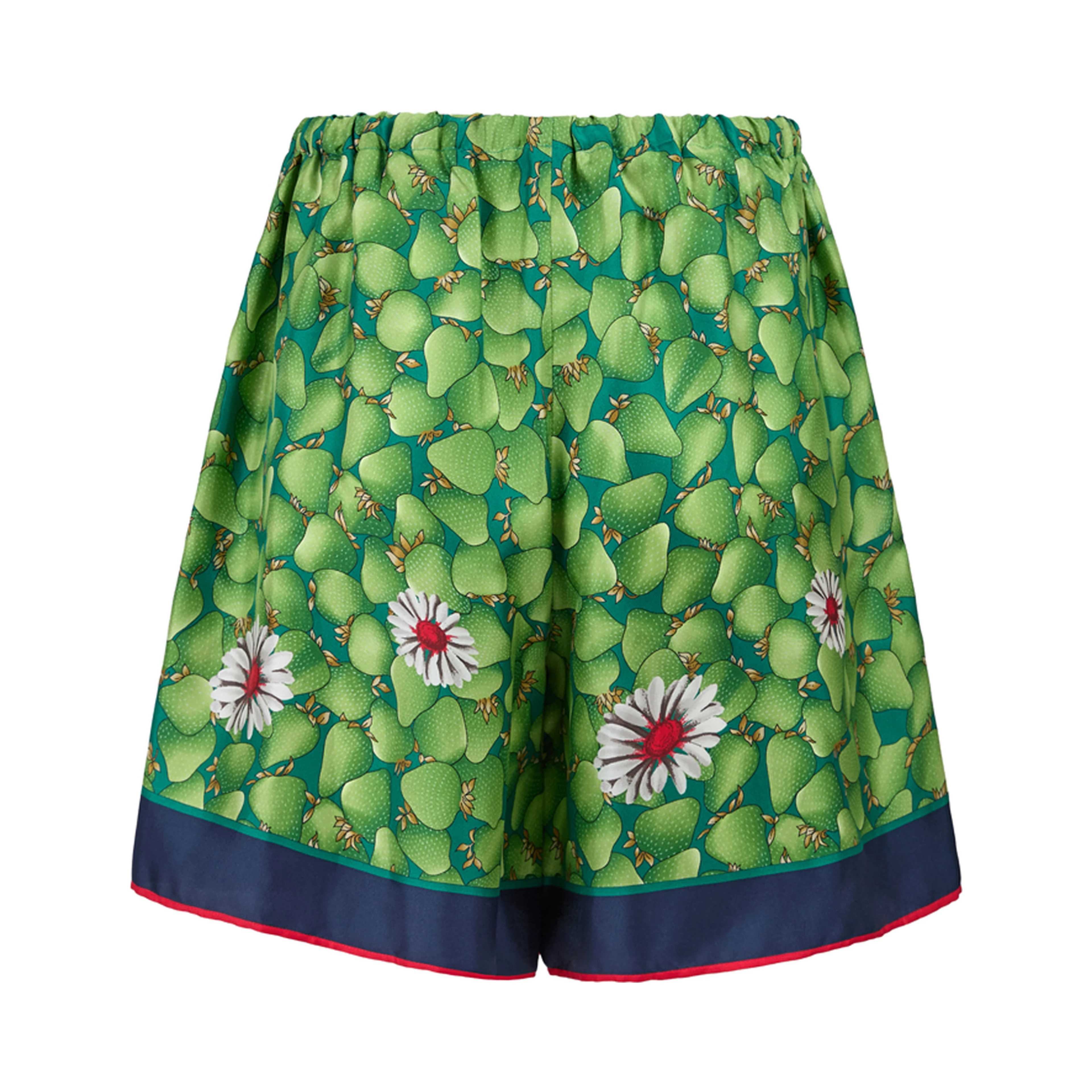 Green Flower Printed Silk Shorts