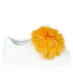 White Textile Women Sneaker With Real Fur Pom Poms
