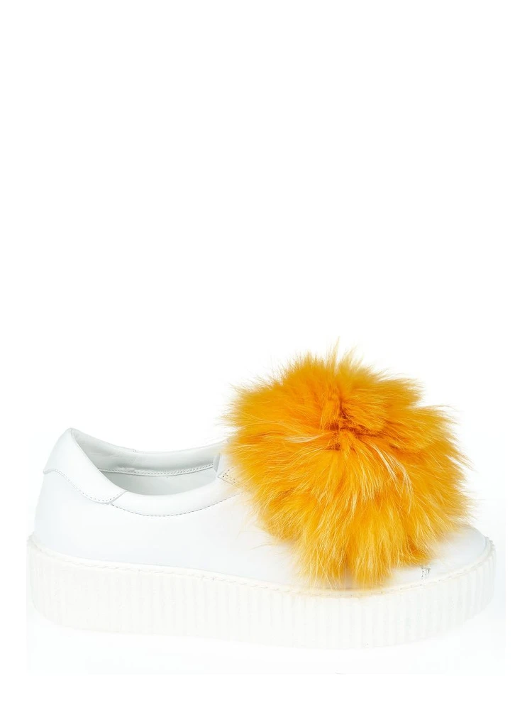 White Textile Women Sneaker With Real Fur Pom Poms