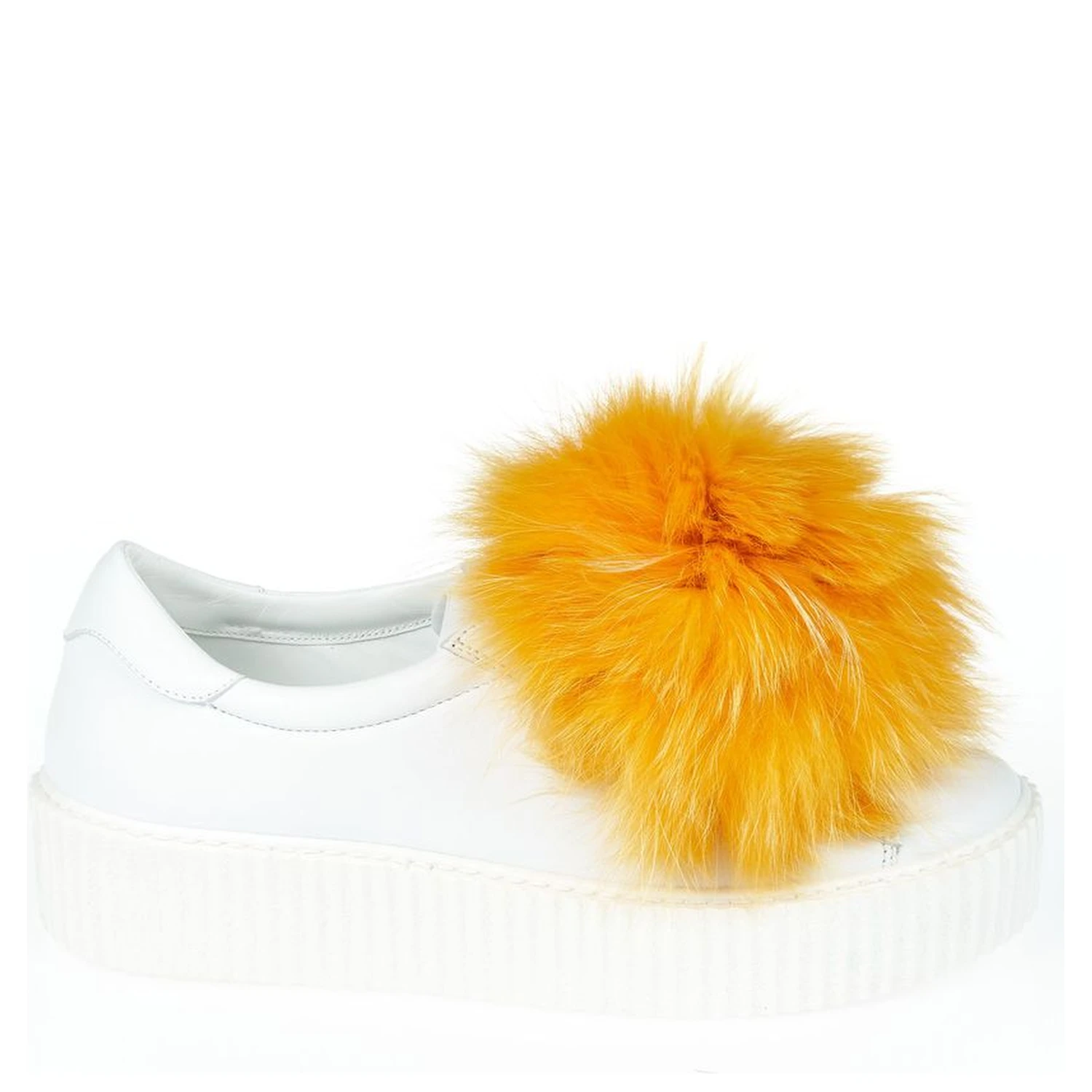 White Textile Women Sneaker With Real Fur Pom Poms