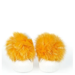 White Textile Women Sneaker With Real Fur Pom Poms