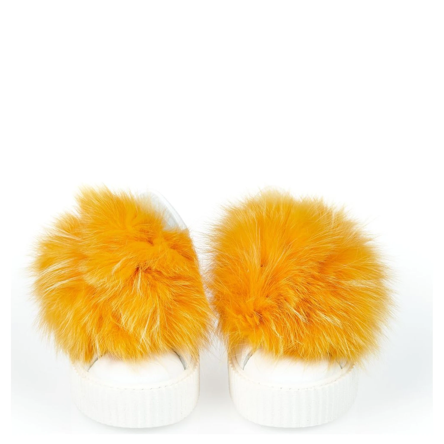 White Textile Women Sneaker With Real Fur Pom Poms