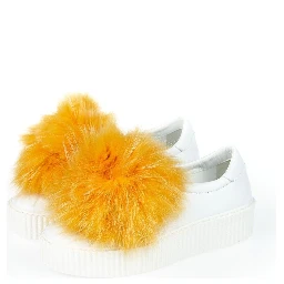 White Textile Women Sneaker With Real Fur Pom Poms