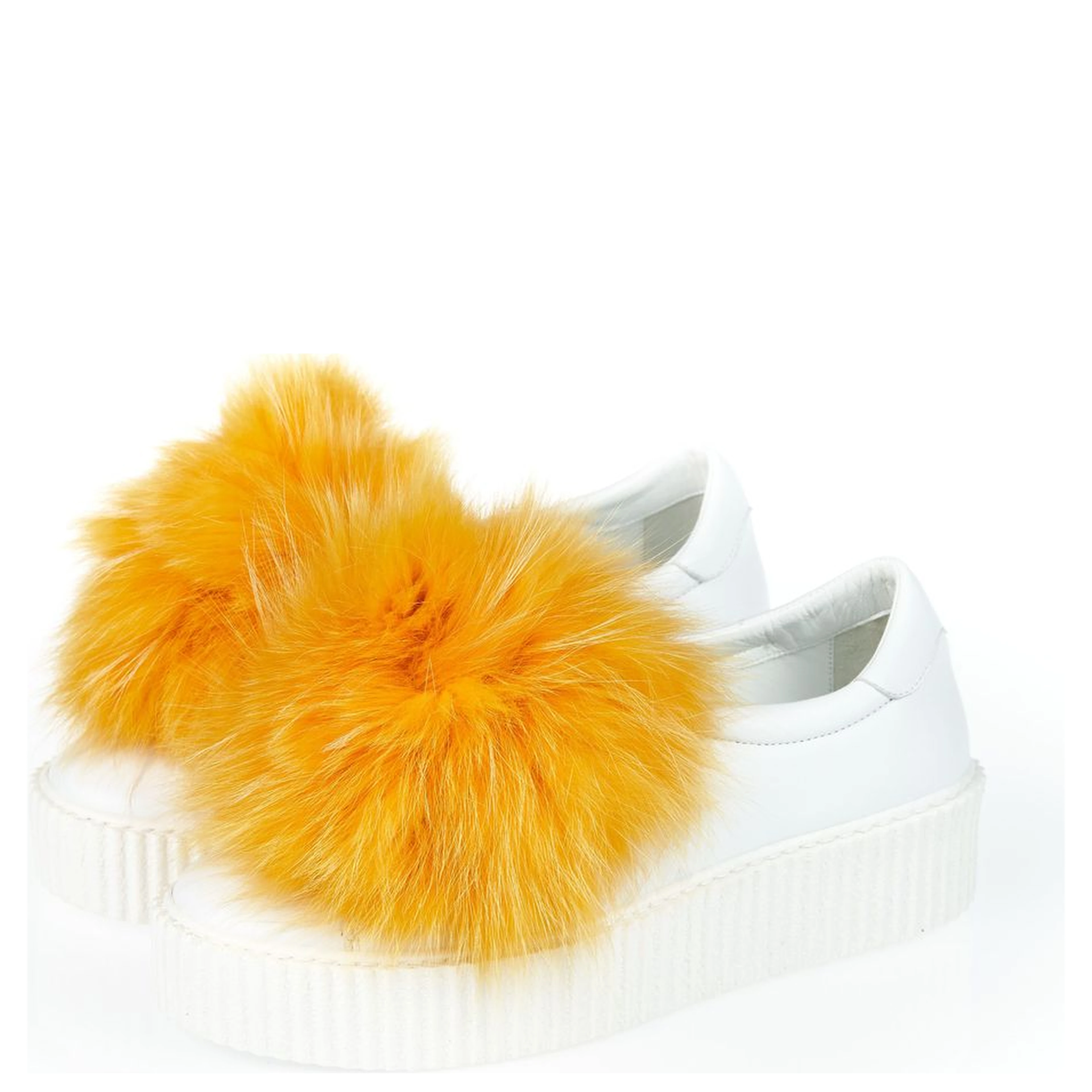 White Textile Women Sneaker With Real Fur Pom Poms