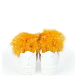 White Textile Women Sneaker With Real Fur Pom Poms