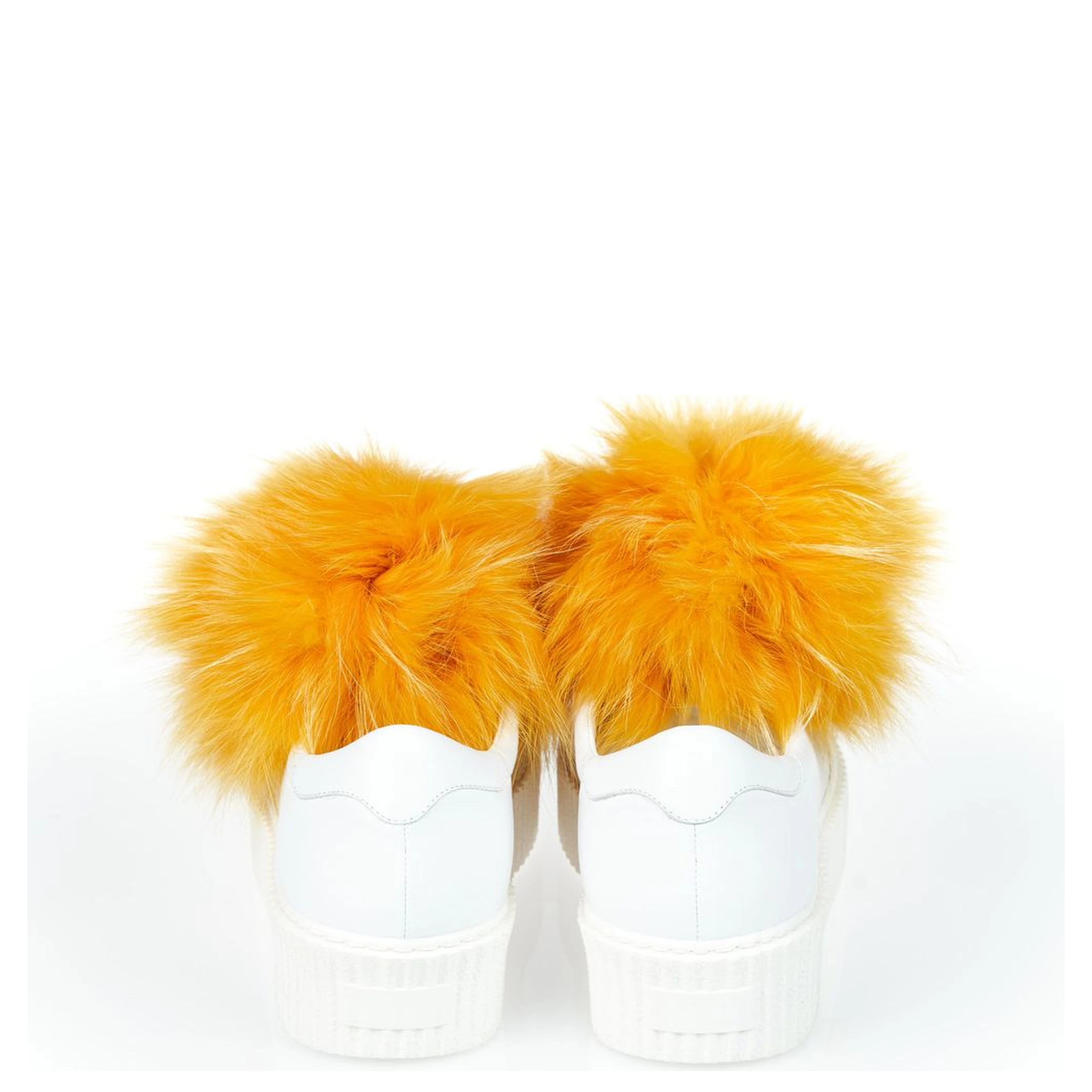 White Textile Women Sneaker With Real Fur Pom Poms