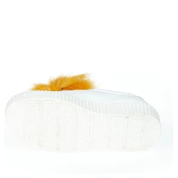 White Textile Women Sneaker With Real Fur Pom Poms